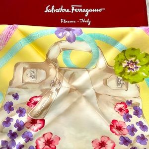 Ferragamo scarf with a Frragamo bag print